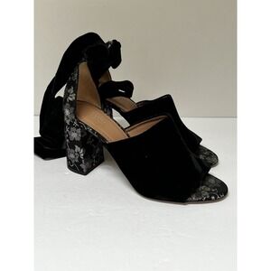 Lewit Black Velvet Floral Embroidered Block Heel Sandals Made in Italy 7.5